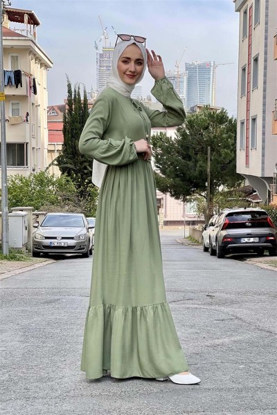 Kemer Detaylı Tesettür Elbise ÇAĞLA YEŞİLİ - Thumbnail