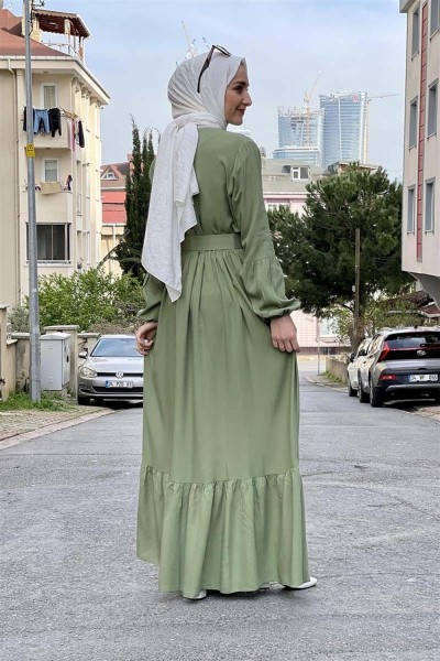 Kemer Detaylı Tesettür Elbise ÇAĞLA YEŞİLİ - Thumbnail