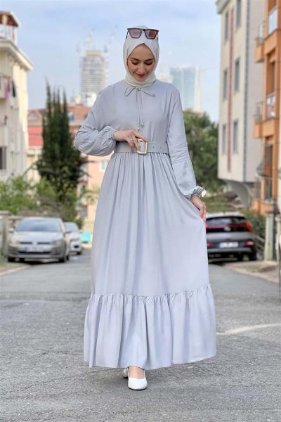 Kemer Detaylı Tesettür Elbise GRİ - Thumbnail
