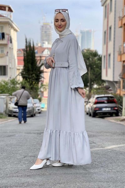 Kemer Detaylı Tesettür Elbise GRİ - Thumbnail