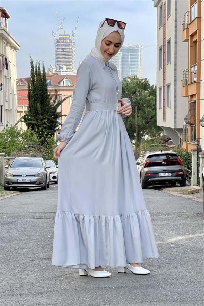Kemer Detaylı Tesettür Elbise GRİ - Thumbnail