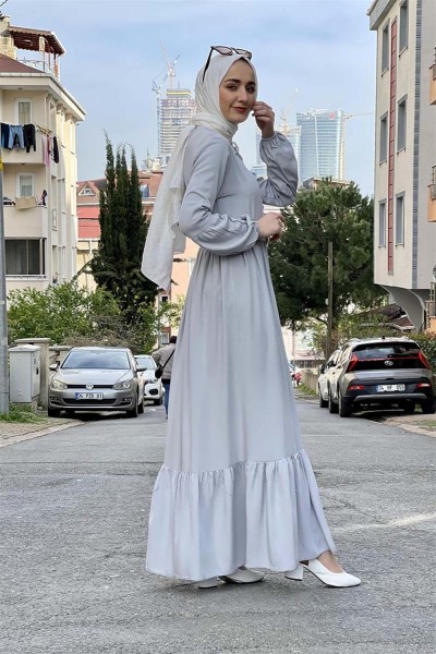 Kemer Detaylı Tesettür Elbise GRİ - Thumbnail