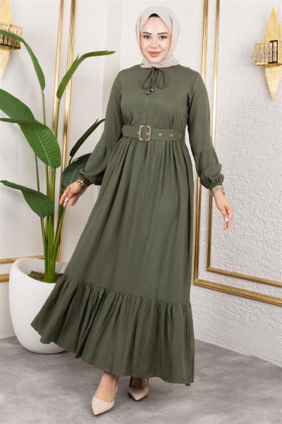 SGS - Kemer Detaylı Tesettür Elbise HAKİ