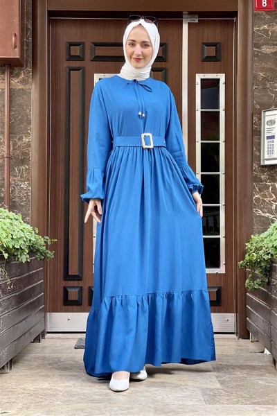 SGS - Kemer Detaylı Tesettür Elbise KOYU İNDİGO