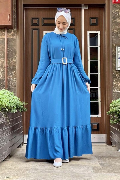 Kemer Detaylı Tesettür Elbise KOYU İNDİGO - Thumbnail