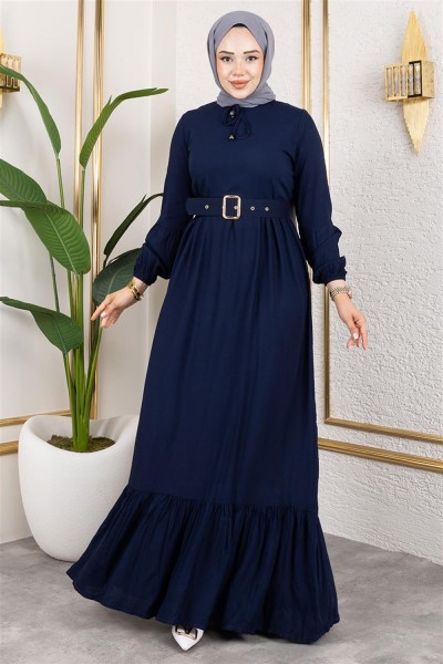 SGS - Kemer Detaylı Tesettür Elbise LACİVERT