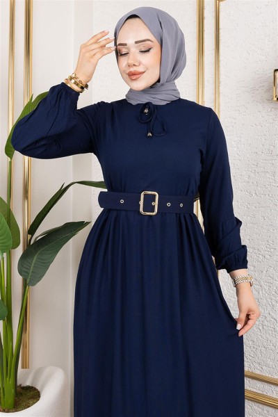 Kemer Detaylı Tesettür Elbise LACİVERT - Thumbnail