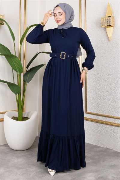 Kemer Detaylı Tesettür Elbise LACİVERT - Thumbnail