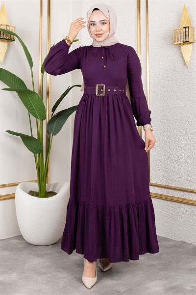 Kemer Detaylı Tesettür Elbise MOR - Thumbnail