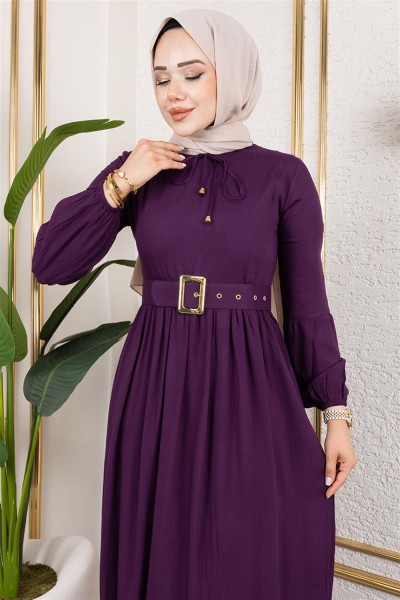 Kemer Detaylı Tesettür Elbise MOR - Thumbnail