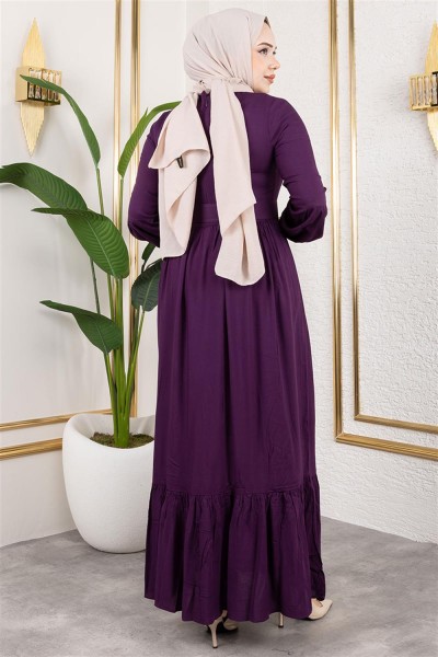 Kemer Detaylı Tesettür Elbise MOR - Thumbnail
