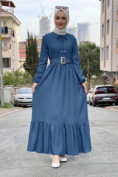 SGS - Kemer Detaylı Tesettür Elbise PETROL
