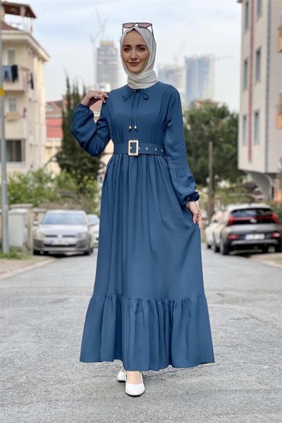 Kemer Detaylı Tesettür Elbise PETROL - Thumbnail