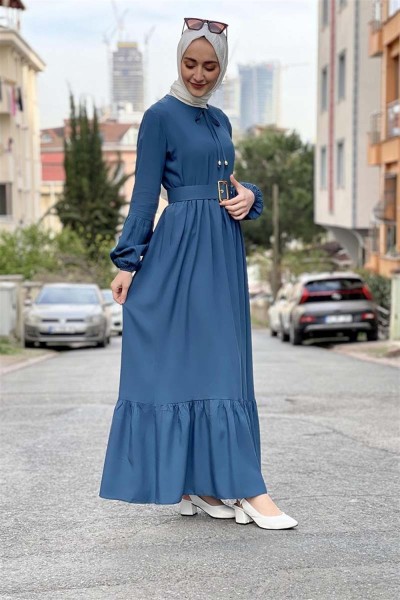 Kemer Detaylı Tesettür Elbise PETROL - Thumbnail
