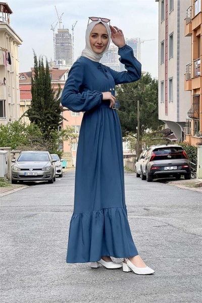 Kemer Detaylı Tesettür Elbise PETROL - Thumbnail