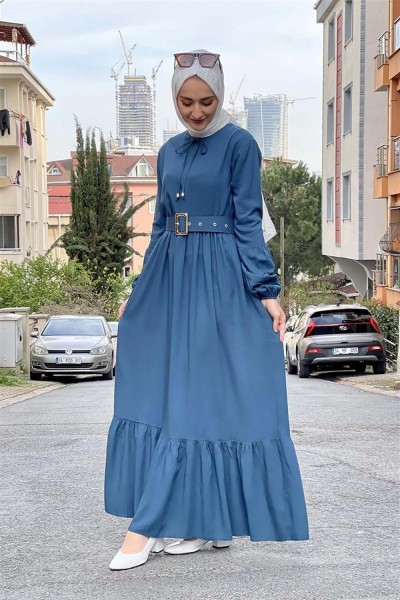 Kemer Detaylı Tesettür Elbise PETROL - Thumbnail