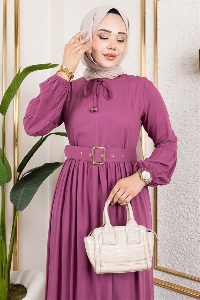 Kemer Detaylı Tesettür Elbise PUDRA - Thumbnail