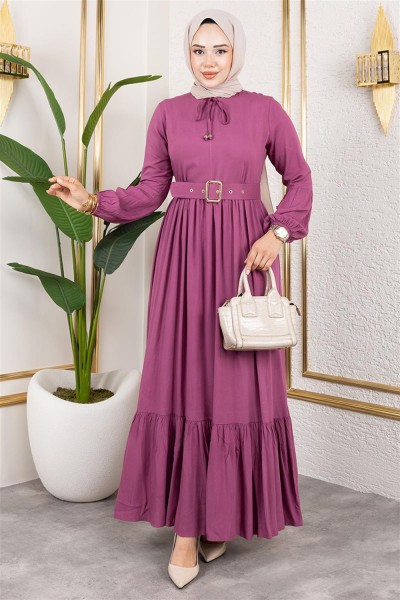 Kemer Detaylı Tesettür Elbise PUDRA - Thumbnail