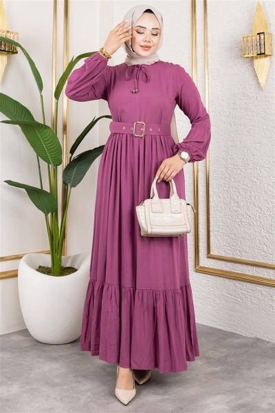 Kemer Detaylı Tesettür Elbise PUDRA - Thumbnail