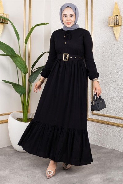SGS - Kemer Detaylı Tesettür Elbise SİYAH