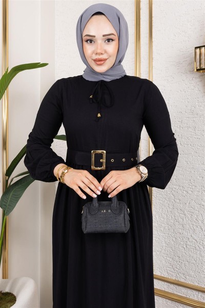 Kemer Detaylı Tesettür Elbise SİYAH - Thumbnail