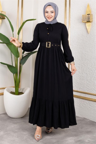 Kemer Detaylı Tesettür Elbise SİYAH - Thumbnail