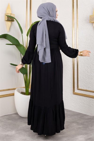 Kemer Detaylı Tesettür Elbise SİYAH - Thumbnail