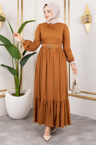 SGS - Kemer Detaylı Tesettür Elbise TABA