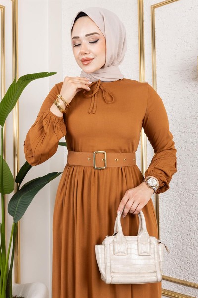 Kemer Detaylı Tesettür Elbise TABA - Thumbnail