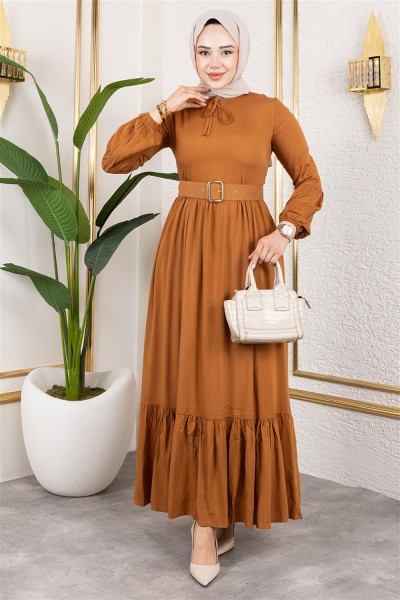 Kemer Detaylı Tesettür Elbise TABA - Thumbnail