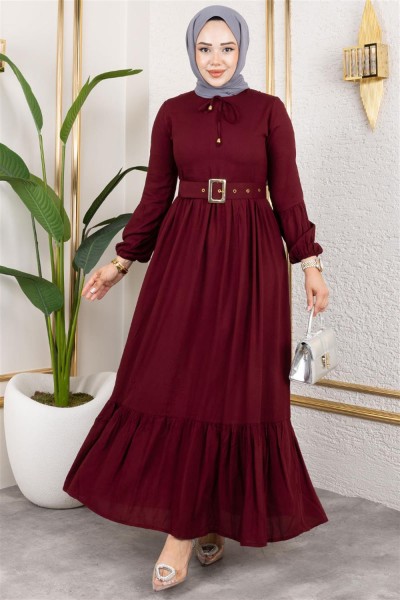 SGS - Kemer Detaylı Tesettür Elbise VİŞNE
