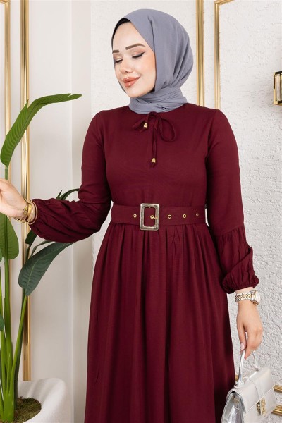 Kemer Detaylı Tesettür Elbise VİŞNE - Thumbnail