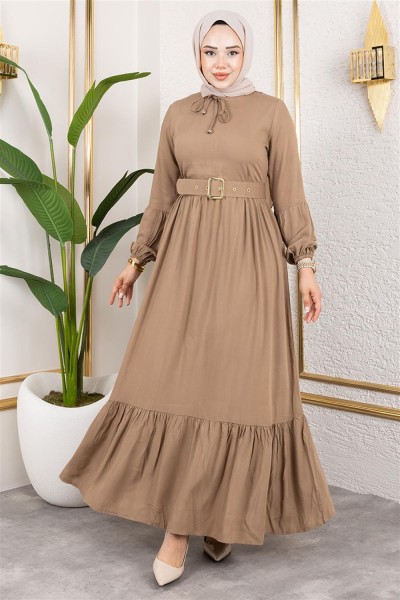SGS - Kemer Detaylı Tesettür Elbise VİZON
