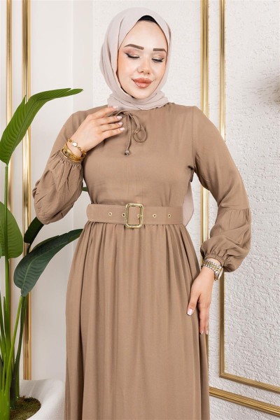 Kemer Detaylı Tesettür Elbise VİZON - Thumbnail