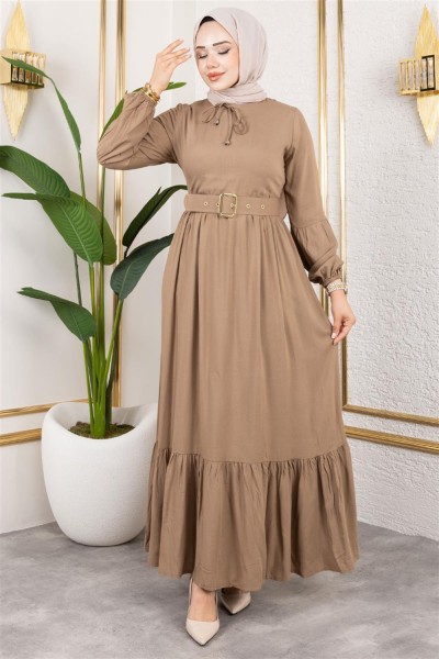 Kemer Detaylı Tesettür Elbise VİZON - Thumbnail