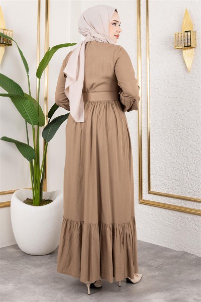 Kemer Detaylı Tesettür Elbise VİZON - Thumbnail