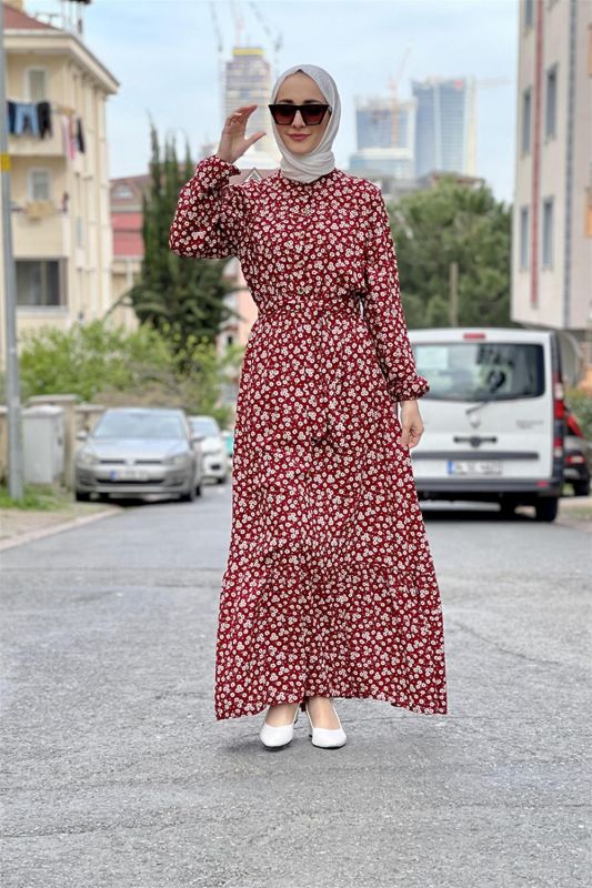 Kemerli Desenli Tesettür Elbise BORDO - 1