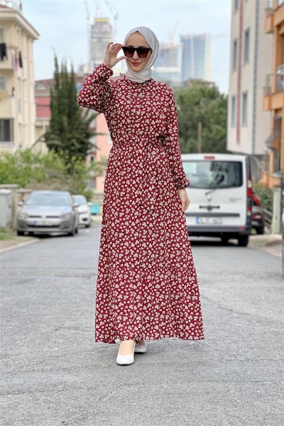 Kemerli Desenli Tesettür Elbise BORDO - Thumbnail