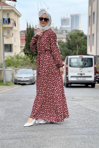 Kemerli Desenli Tesettür Elbise BORDO - Thumbnail