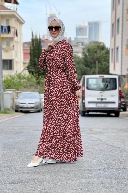 Kemerli Desenli Tesettür Elbise BORDO - 4