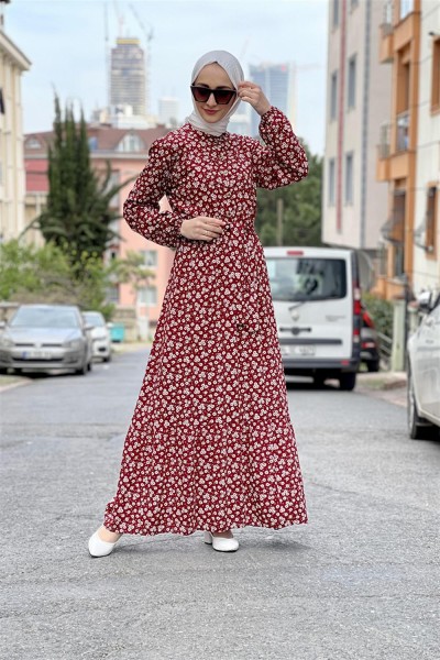 Kemerli Desenli Tesettür Elbise BORDO - Thumbnail