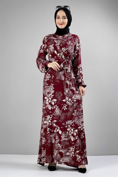 Kemerli Desenli Tesettür Elbise BORDO - Thumbnail