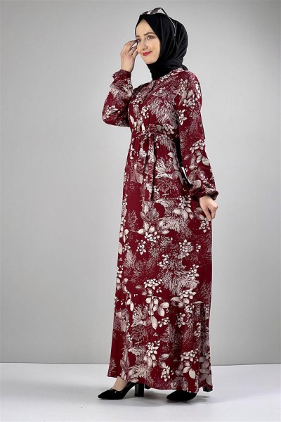 Kemerli Desenli Tesettür Elbise BORDO - Thumbnail