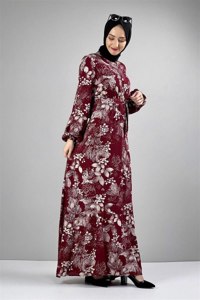 Kemerli Desenli Tesettür Elbise BORDO - Thumbnail