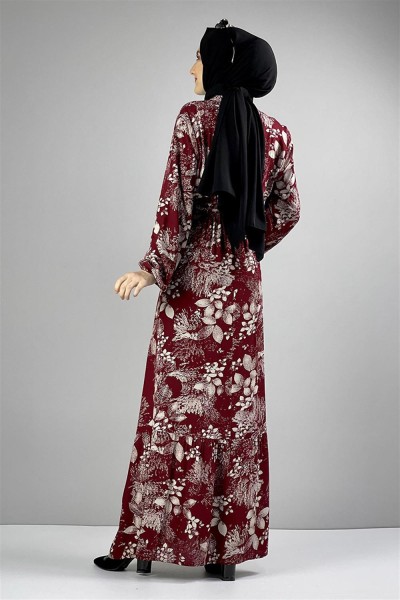 Kemerli Desenli Tesettür Elbise BORDO - Thumbnail