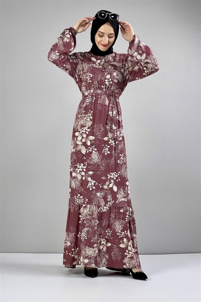 Kemerli Desenli Tesettür Elbise GÜL KURUSU - Thumbnail