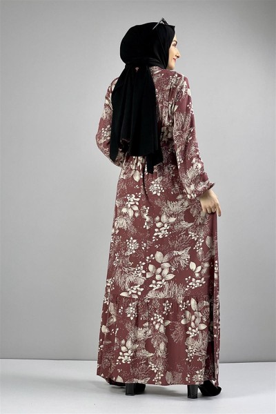 Kemerli Desenli Tesettür Elbise GÜL KURUSU - Thumbnail