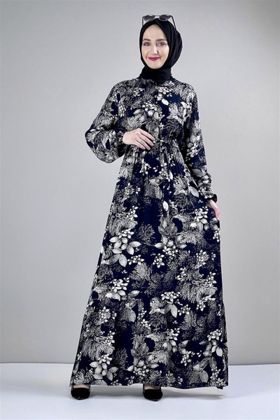 SGS - Kemerli Desenli Tesettür Elbise LACİVERT