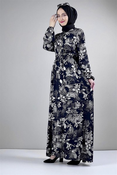 Kemerli Desenli Tesettür Elbise LACİVERT - Thumbnail
