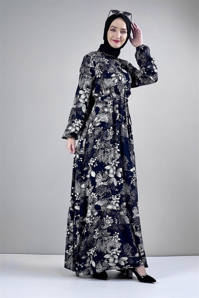 Kemerli Desenli Tesettür Elbise LACİVERT - Thumbnail